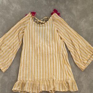 Yellow Striped cover up with pink tassel accents, size XS/S
